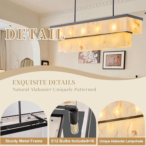Rectangle Alabaster Chandelier, L54 Linear Chandeliers Dining Room over Table Pendant Light Modern Mrable Rectangular Chandelier for Kitchen Island Living Room 2-Tier Black(Include 16 Bulbs)3
