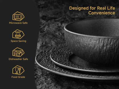 Black Dinnerware Sets, 24-Piece Plates and Bowls Sets, Matte Marble9