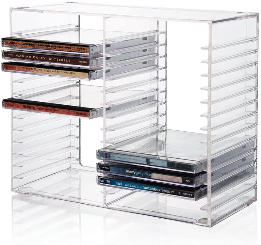 stackable-clear-plastic-cd-organizer-with-rubber-feet-rectangular-jewel-cases-holder-perfect-for-theatre-room-holds-up-to-30-cd-cases-made-in-usa