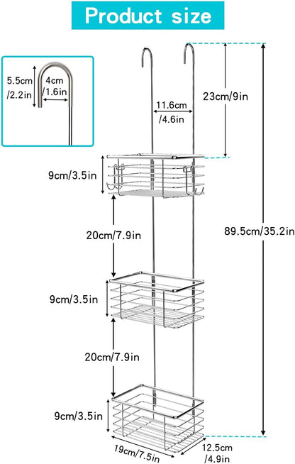 3-Tier Hanging Shower Rack - Door Organizer with 2 Hooks for Razor, Shower Balls and More (3 Tiers)2