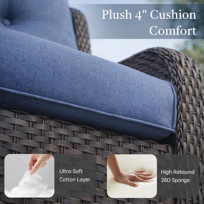 6 Piece High Back Patio Furniture Set - All Weather Patio Conversation Set with 4 Inch Thick Cushions and Deep Seating Swivel Glider Chairs & Outdoor Couch for Porch Deck Yard Pool Brown Blue6