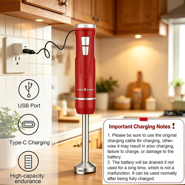 Cordless Immersion Blender, 3-In-1 Handheld Stick Blender | Rechargeable Electric Mixer Set with Whisk & Milk Frother, 8-Speed Hand Blender for Shakes, Soups, Coffee, Zero BPA (Red)2