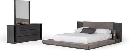 Eastern King Platform Bed, 102X96 In, Polyester Upholstered, Gray Wash Veneer Finish, Built-In Nightstands, Slatted Frame, Modern Bedroom Furniture3