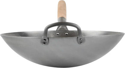 Carbon Steel Wok 1 Pack of 14 Inch Heavy-Duty Stir Fry Pan Silver Hand Hammered Wok Efficient Maneuvering Steel Helper Handle Uniform Heat Distribution Asian Cooking14