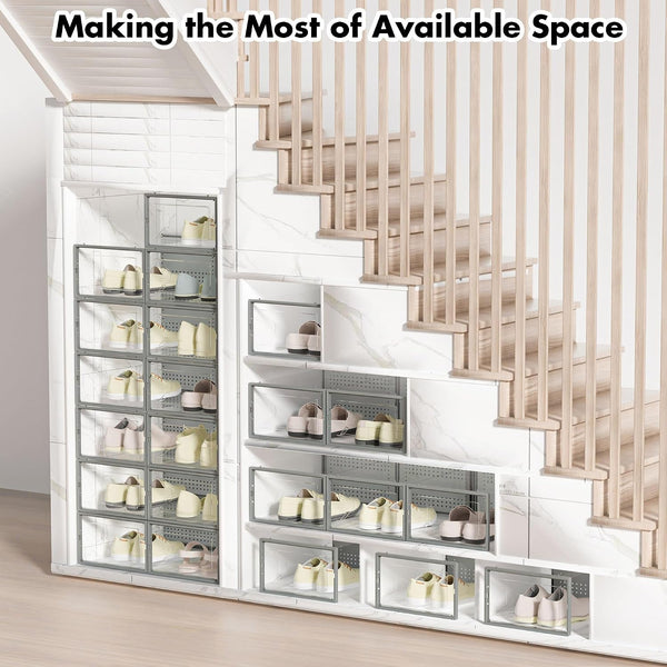 Shoe Storage Box, 15 Pack Clear Plastic Stackable Organizer for Closet, Interlocking Design Shoes Container Bins for Sneakers, Foldable Shoe Rack with Lids, Grey7