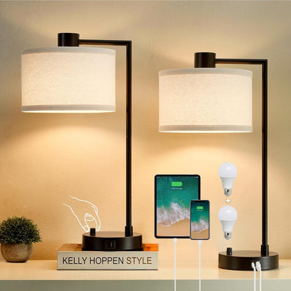 Table Lamp for Bedroom Set of 2 with USB C+A Ports, Fully Stepless Dimmable Bedside Lamp with Linen Lampshade, Contemporary Lamp for Living Room Reading Office, 2 LED Bulbs Included (Black) | Nightstand Lamp with Linen Lampshade, 2 LED Bulbs Included,Desk Lamp for Bedroom, Living Room, End Table, Reading, Office1