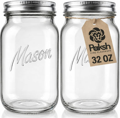 Wide Mouth Mason Jars 32 Oz, Mason Jars with Lids, 2-Pack | 32 Oz Mason Jars, Glass Quart Mason Jars Wide Mouth with Lids, Canning Jars, Pickling Jars, Food Storage, Meal Prep1