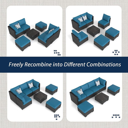 7 Piece Outdoor Patio Furniture Set, Outdoor Sectional Conversation Furniture Chair with Coffee Table, Patio Sectional for Backyard, Garden(Peacock Blue Cushion and Black Rattan)6