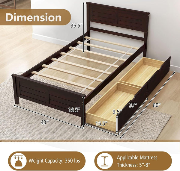 Twin Size Wood Bed Frame with 2 Storage Drawers, Mid Century Platform Bed Frame with Headboard, Sturdy Wooden Slats Support, Modern Mattress Foundation, No Box Spring Required, Easy Assembly2