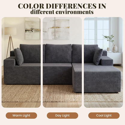 Cloud Sectional Boneless Couches for Living Room, Modular L Shaped Couch with Deep Seat Oversized Right Facing Chaise, Memory Foam Compressed Spineless 3 Seater Sofa, Wide-Striped Grey9