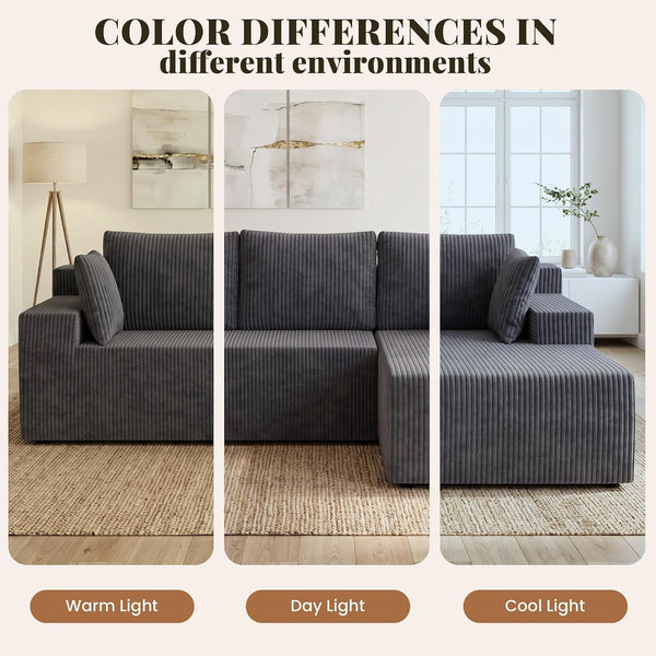Cloud Sectional Boneless Couches for Living Room, Modular L Shaped Couch with Deep Seat Oversized Right Facing Chaise, Memory Foam Compressed Spineless 3 Seater Sofa, Wide-Striped Grey9