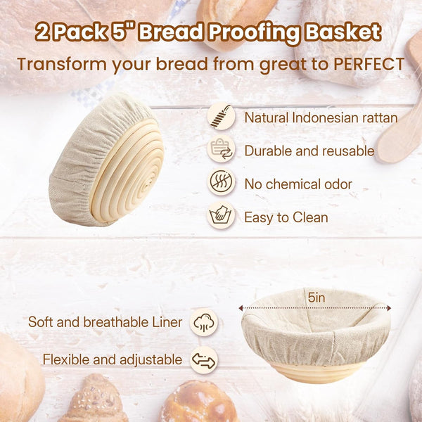 Mini Double Dutch Oven with Lid for Sourdough Bread Baking (White) | Enameled Cast Iron Pot with Lid, 5" Banneton Bread Proofing Basket Include, Dual round Bread Loaf Pan for Homemade Baking5