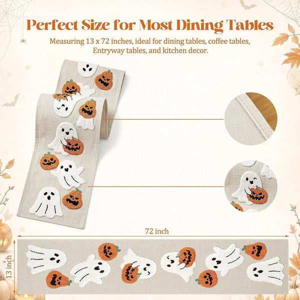 Large Halloween Ghost Table Runner 13×72'' Cute Plush Embroidered2