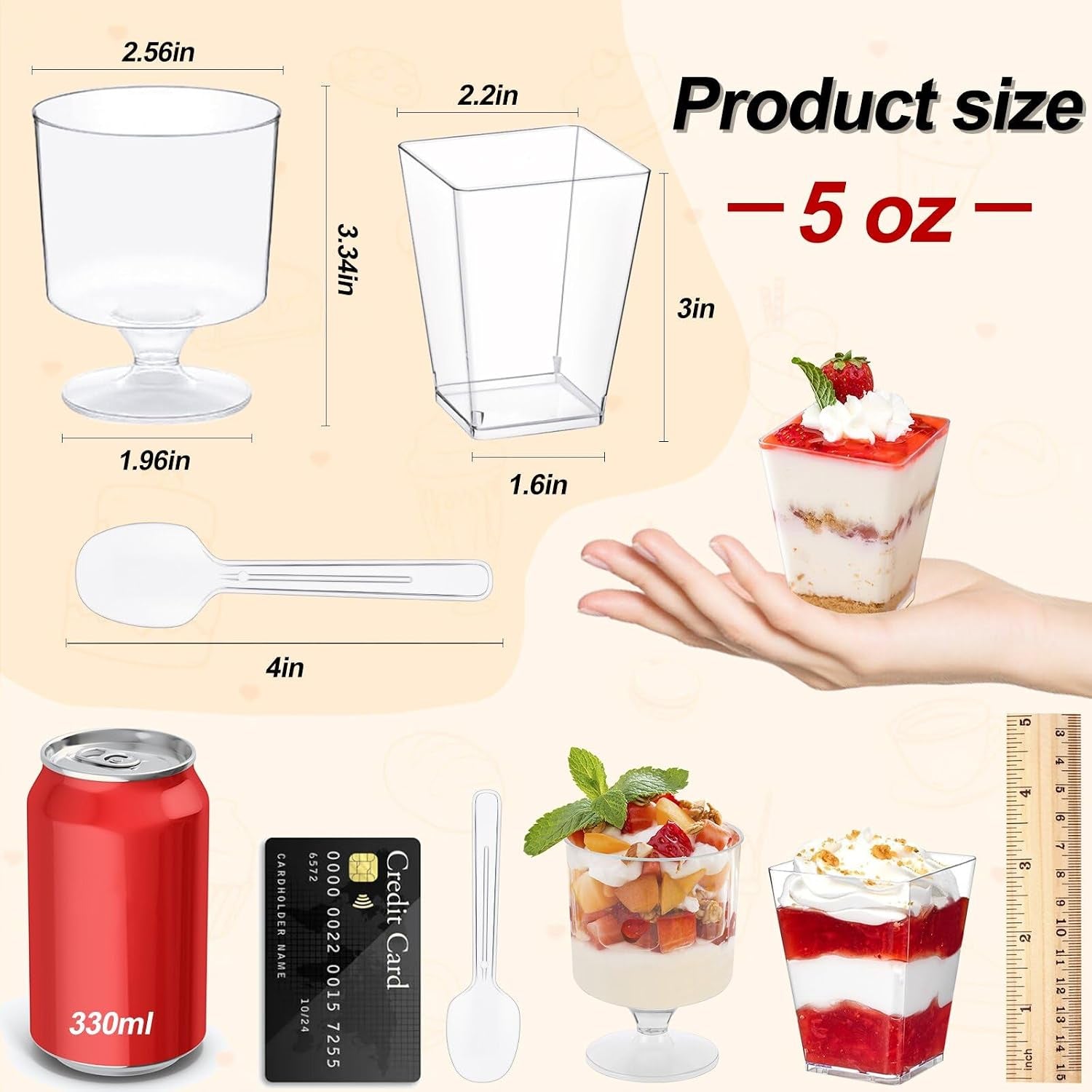 320-pack-dessert-cups-with-spoons-5-oz-mini-plastic-dessert-cups-for-party-yogurt-parfait-jello-fruit-appetizer-cocktail-small-clear-reusable-square-and-round-goblet-shaped-dessert-bowls-shot-glasses