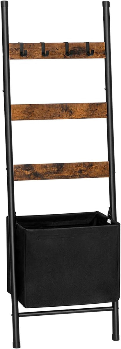 Blanket Ladder with Basket, 17.3”L X 63.4”H, Towel Rack with Hooks, Blanket Holder Rack, Decorative Ladder Shelf, Drying and Display Rack for Bathroom, Living Room, Rustic Brown BF31CJ011