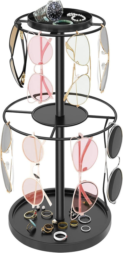 2-Tier Sunglass Organizer, Metal Glasses Stand with Storage Tray, Black | Sunglass Holder with Non-Slip Pad for Tabletop, Desk, Dresser, Hanging up to 9 Pairs Sunlasses/Reading Glasses1
