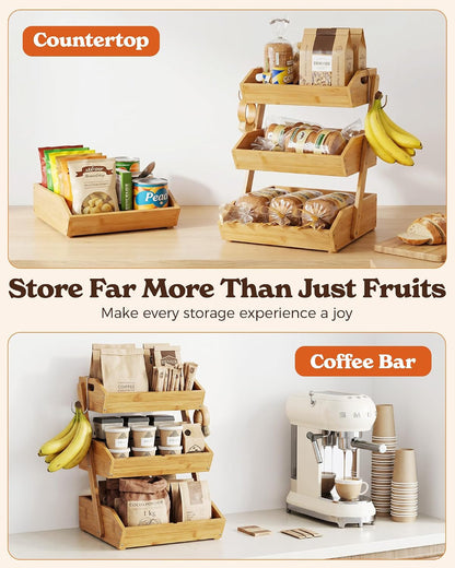 3-Tier Bamboo Fruit Basket with 2 Banana Holders | Large Tiered Organizer for Bread, Snacks, Veggies. Sturdy Bamboo, Includes Mats & Dividers. Easy to Assemble.6