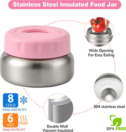 Bento Lunch Box with 9.5 Oz Soup Thermo, Kids Leakproof 4 Compartments Bento Box with Silicone Cupcake,Fruit Fork,Spoon and Sauce Cup,Insulated Food Jar for School Travel-Pink3