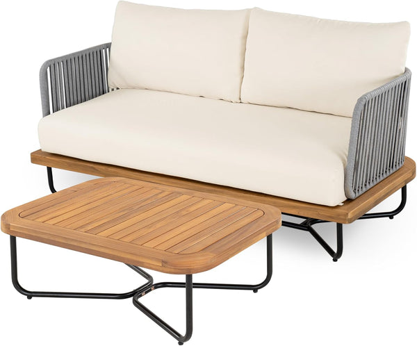 Justin 4 Pieces Conversation Set, Acacia Wood Chat Set, 3 Woven Rope Outdoor Sofa and Slat Panel Coffee Table, Patio Furniture Set for Backyard Balcony Garden, Teak+ Beige10