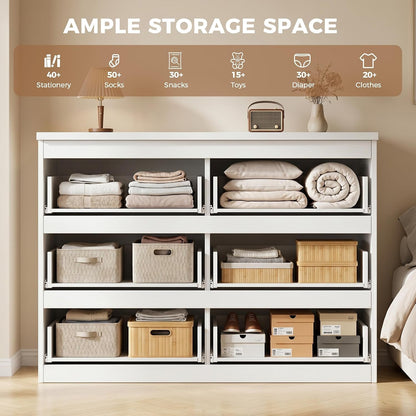 6 Drawer Double Dresser for Bedroom, Modern Simply Chest of Drawers, Wood Storage Dresser with Anti-Tipping for Living Room Hallway Entryway, Nursy White (15.3" D X 47.2" W X 32.3" H)4