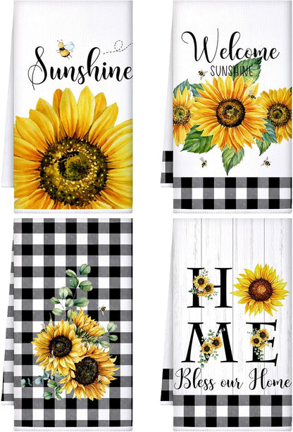 4 Pcs Sunflower Kitchen Towels Set, Hand Tea Towels Gifts | Absorbent Fast Drying Dish Clothes Floral Black White Plaid Decor Housewarming Gift for Cooking Bathroom Kitchen Decor1