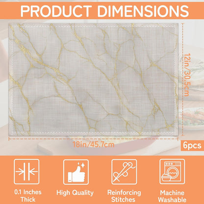 Marble Placemat Set of 6,White Gold Flowing Marble Heat Resistant Linen Table Mats for Indoor Outdoor Home Kitchen Dining Room Table 12X18Inch2