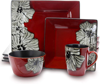 'S Luxurious Red Winter Bloom 16 Piece Dinnerware Set with Complete Settign for 41