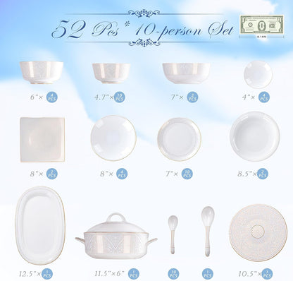52 Pcs Fine Bone China Dinnerware Set,Porcelain&Ceramic Dinnerware Sets,Bone Stoneware&Ceramic Cookware Tableware Set Includes Dinner Plates|Spoons|Pasta Bowls|Soup Pot|Chopsticks6
