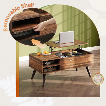 Lift Top Coffee Table with Hidden Storage, Adjustable Shelf, Brown | Mid Century Modern Wooden Coffee Table, for Dining/Living Rooms/Offices; 39.4"W X 19.7"D X 16.9"H6