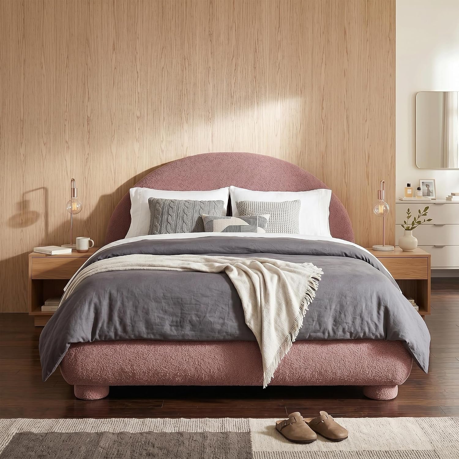 boucle-upholstered-platform-bed-with-arched-headboard-queen-red