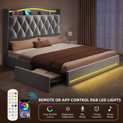 Queen Size Bed Frame with 4 Storage Drawers and RGB LED Lights3