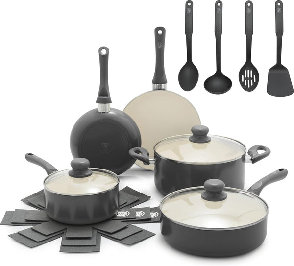 16Pc Ceramic Nonstick Pots & Pans Cookware Set, Graphite Black | Pfas-Free Nonstick Coating, Stockpot, Frying Pans, Saucepan, Sauté, Induction Ready, All Stovetop Compatible, Dishwasher Safe1