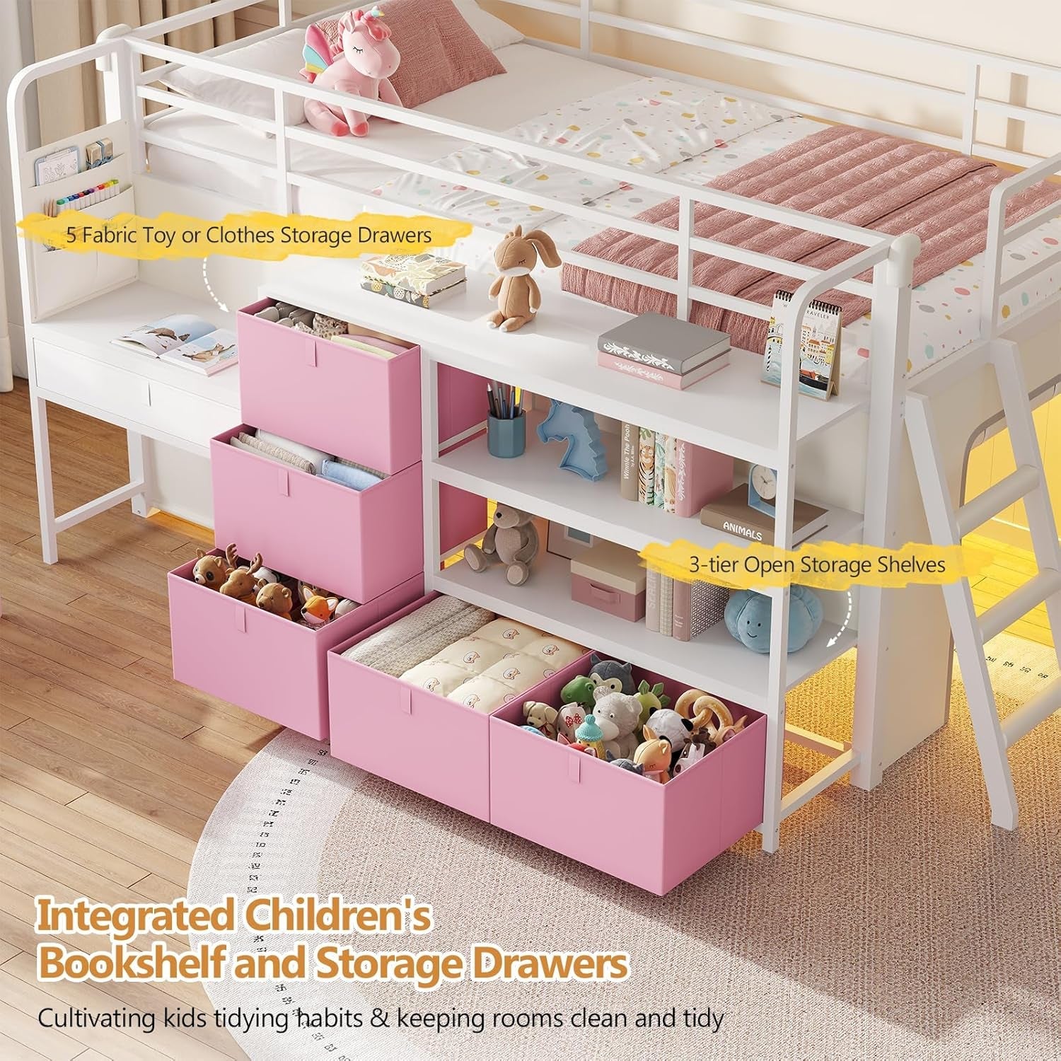 low-loft-bed-with-desk-and-6-storage-drawers-twin-loft-bed-with-bookshelf-led-lights-under-bed-play-space-kids-twin-beds-with-13-8h-safety-guardrail-inclined-ladder-play-curtain-pink-white