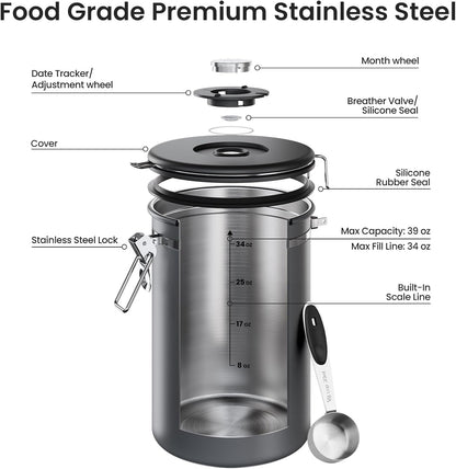 Coffee Canister,39Oz, 2.2Lbs,Large Airtight Stainless Steel Container6
