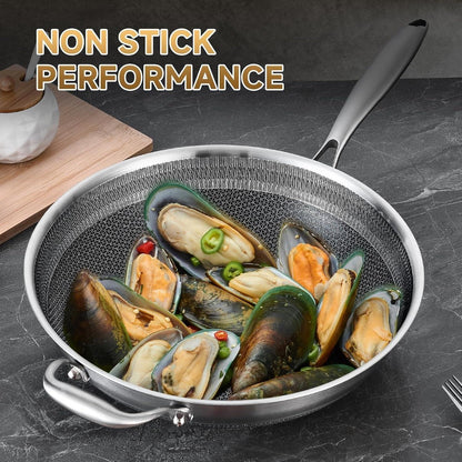 Hybird Nonstick Wok Pan with Steel Lid | 14.5-Inch | Detachable Handle | Non Toxic | Tri-Ply Stainless Steel | Ceramic Coating | Stir Fry Pan | Induction Compatible | Dishwasher & Oven Safe5