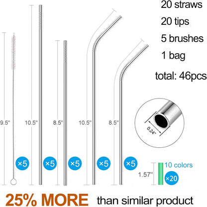 20 Pack Reusable Stainless Steel Metal Straws,10.5" & 8.5" Reusable Drinking Straws with 20 Silicone Tips 5 Straw Brushes 1 Travel Case,Eco Friendly Extra Long Metal Straw Fit for 20 24 30 Oz Tumbler2