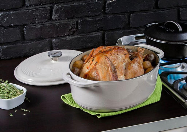 Enameled Cast Iron Oval Dutch Oven with Lid, 7 Quart, Oyster White | Family Size Cooking Pot with Dual Handles for Sourdough Bread Baking & Everyday Cooking, Enameled Cast Iron4