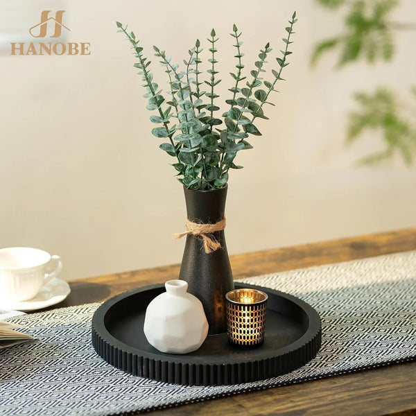 Black Decorative Coffee Table Tray, Scalloped Edge | 12" round Wood Centerpiece Tray, Ideal for Living Room, Entryway Table, Kitchen Island, Fits Modern Decor.8