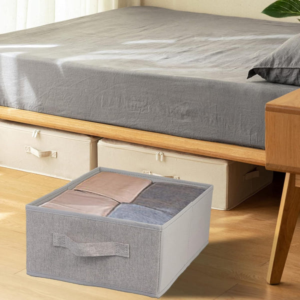 Fabric Storage Bins Set of 4 Rectangle Storage Baskets with Handle Foldable Closet Organizer for Clothes Towel Bedding Books Collapsible Clothing Container for Shelves Bedroom(Gray Low)6