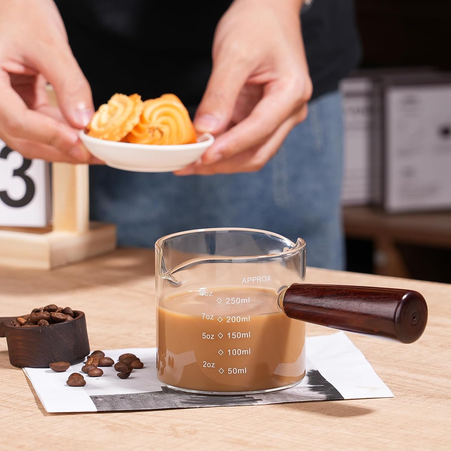 250ml-8-5oz-measuring-cup-espresso-shot-glasses-double-spouts-large-coffee-cup-with-wood-handle-triple-pitcher-milk-cup-parts-clear-glass-by-250ml-1pack