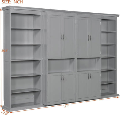 Modern Full Murphy Bed with Dual Sliding Doors Storage Cabinets, Wood Hidden Wall Bed with Dual 6-Tier Side Shelves, Large-Capacity& Space-Saving (Gray-12.9)5