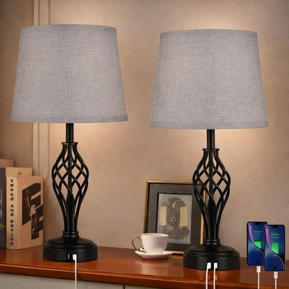 Touch Table Lamps Set of 2, Nightstand Lamp with USB Ports Bedside 3 Way Touch Dimmer Desk Lamp for Living Room Bedroom,Black Painted Spiral Cage Base Design Warm White Dimmer Bulbs Included.1