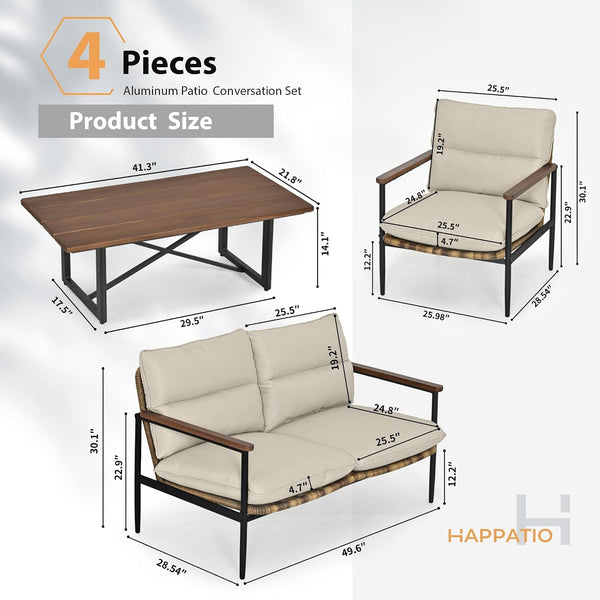 4-Piece Outdoor Furniture Set, Aluminum Patio Converation Set with Wicker Seat and Acacia Wood Armrest, Loveseat Sofa Set with Olefin Cushion and Wood Table for Garden Lawn Backyard7