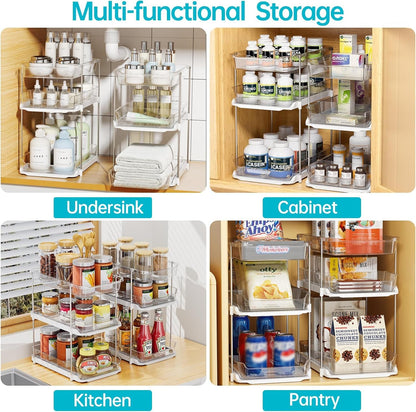 2 Sets of 3-Tier Bathroom under Sink Organizers and Storage, Multi-Purpose Stackable Pantry Organization and Storage, Pull Out Clear Kitchen Bathroom Cabinet Organizer with Movable Dividers4