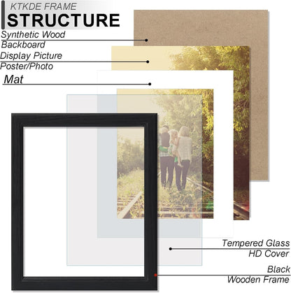 11X15 Picture Frame,Display Pictures 8.5X11 with Mat or 11X15 Without, Tempered Glass,15 by 11 Black Wooden Frame Wall Gallery Poster Frame Best Gift2