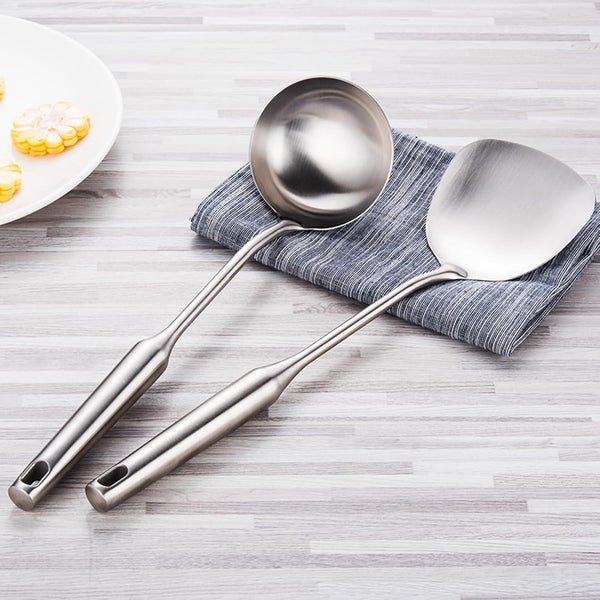 304 Stainless Steel Cooking Utensils Set 4 Piece 15 Inch Large Size Metal Kitchen Utensils Set Including Spatula,Ladle,Serving Spoon,Meat Fork,Stainless Steel Cooking Tools8
