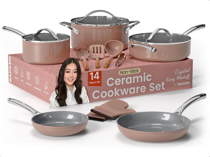 Crystal Kung Minkoff Ceramic Cookware Set – 14-Piece Pots and Pans Set with Lids, Silicone Utensils & Oven Mitts, Nonstick and Non-Toxic, PTFE/PFAS Free, Dishwasher & Stovetop Safe up to 500°F1