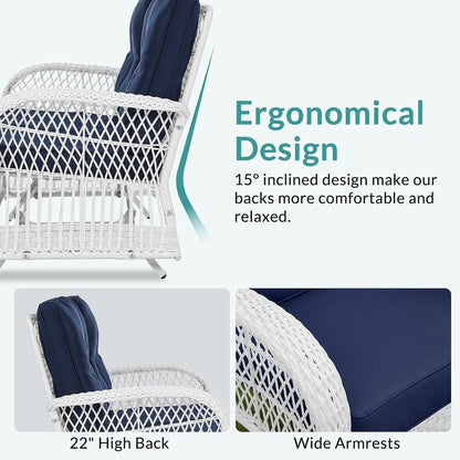 5 Pieces Outdoor Patio Rattan Furniture Sets, All Weather Patio Wicker Conversation Set - 2 Rocking Swivel Chairs 1 Rattan Loveseat Glider with Cushions, 2 Coffee Table, White Wicker/Navy6
