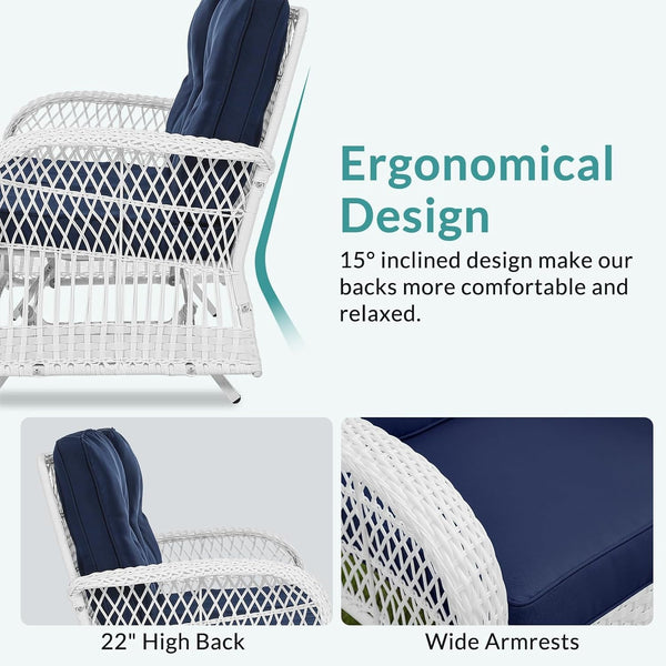 5 Pieces Outdoor Patio Rattan Furniture Sets, All Weather Patio Wicker Conversation Set - 2 Rocking Swivel Chairs 1 Rattan Loveseat Glider with Cushions, 2 Coffee Table, White Wicker/Navy6