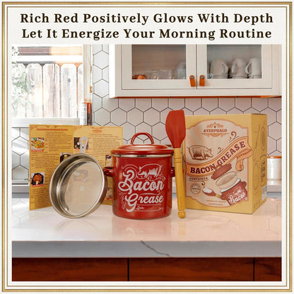 42Oz Enamel 2-Handle Bacon Grease Container with Strainer, Red7